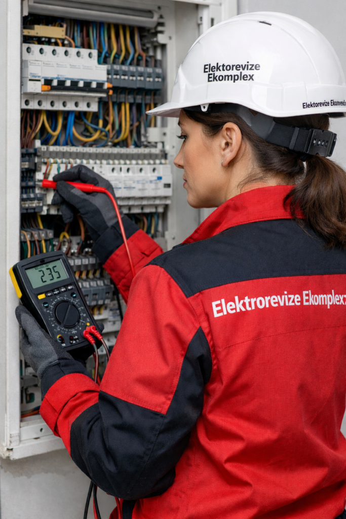 Revizní technička provádí kontrolu elektroinstalace – Elektrorevize Ekomplex