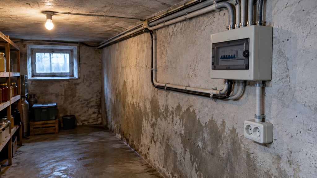Elektroinstalace ve vlhkém sklepě s mírnou vlhkostí na stěnách