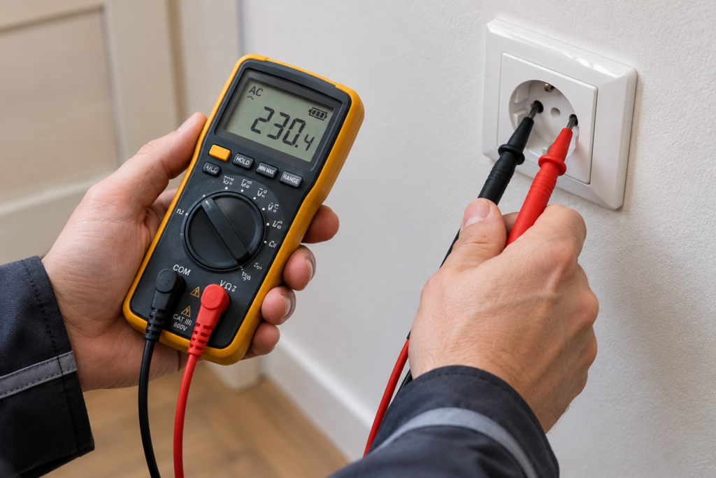 Revizní technik měří napětí v elektrické zásuvce multimetrem